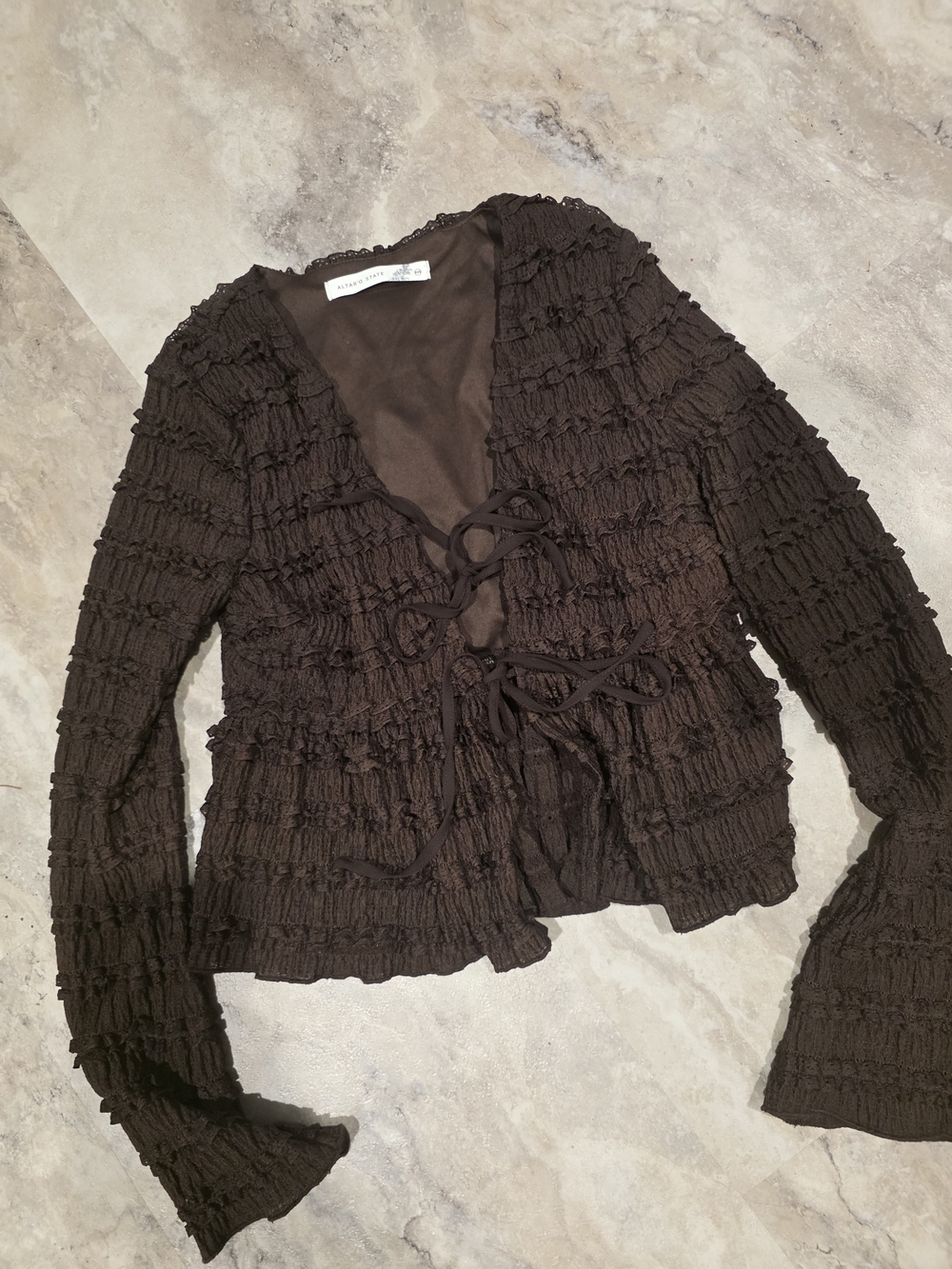 Altar'd State Brown Ruffled Tie-Front Top